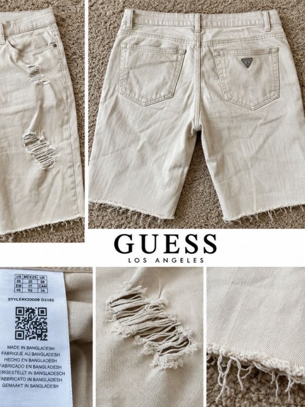 GUESS Men's Light Beige Distressed Denim Shorts